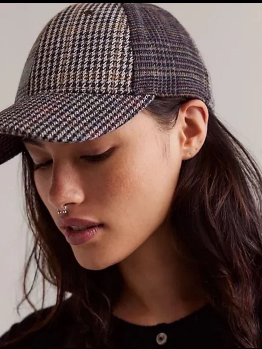 WYETH Free People Letterman Plaid Cap Grey Wool Blend Baseball Hat OS
